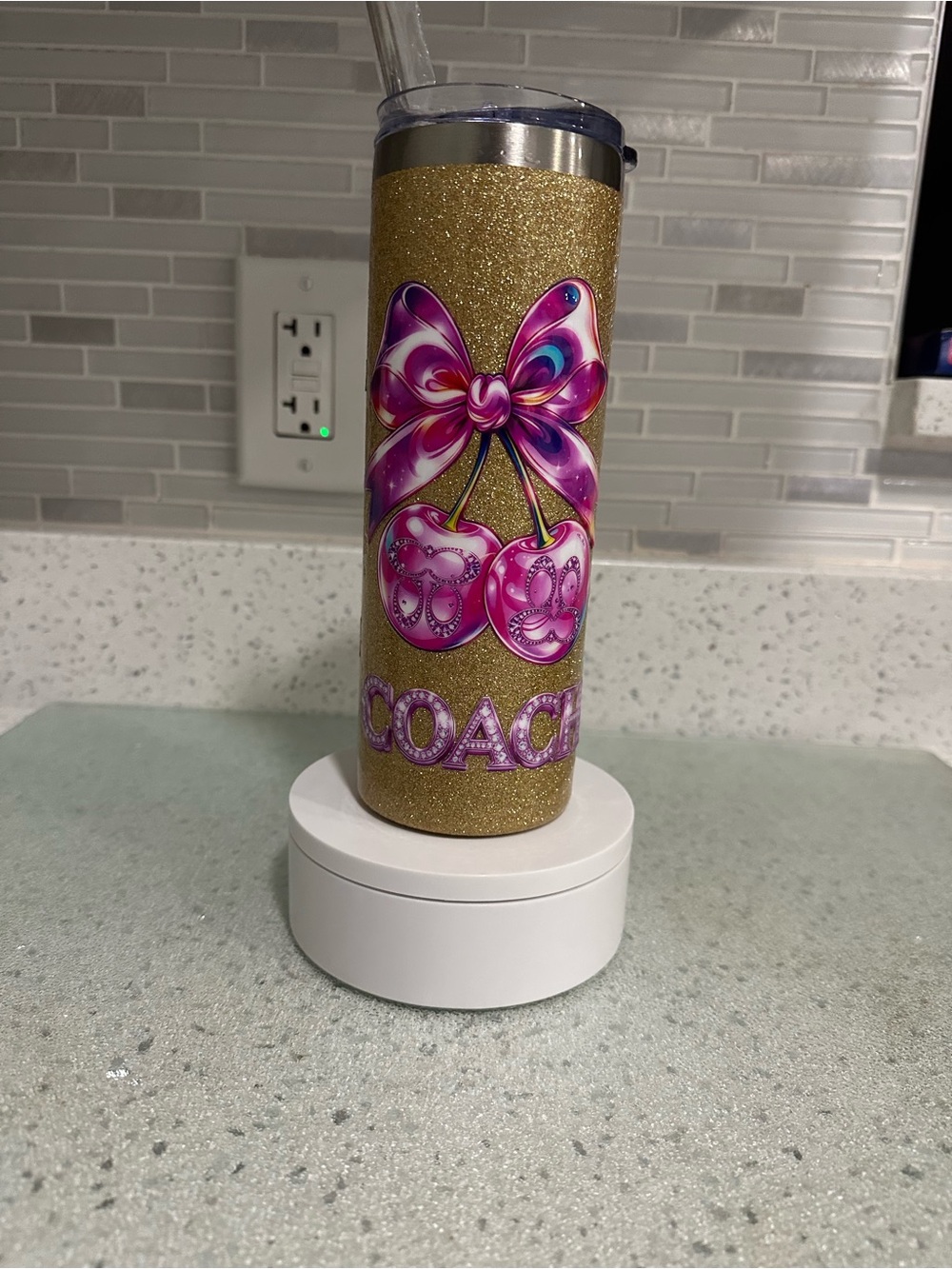 Coach Gold Glitter Tumbler with Pink Cherry Bow Design